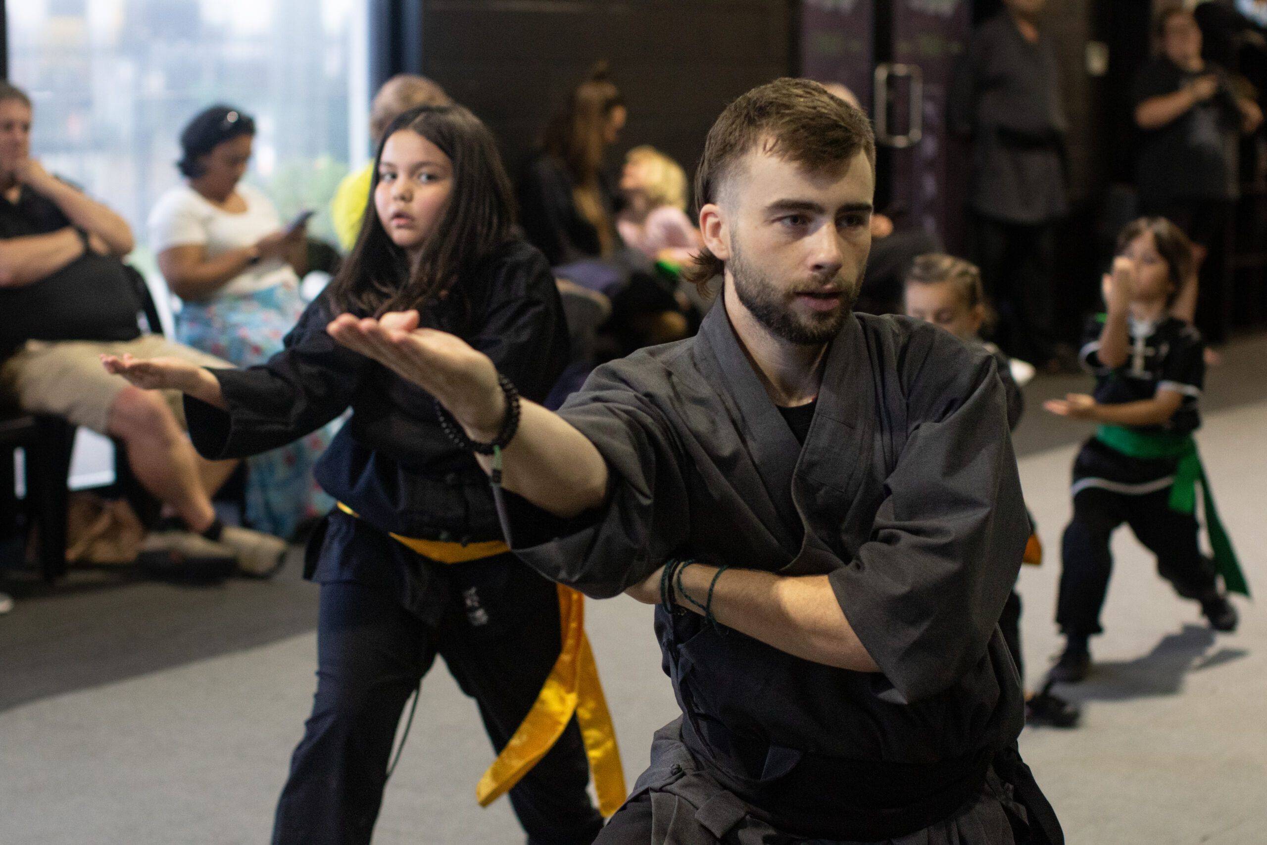 Children training in a beginner Kung Fu class at Emerald Dragon Martial Arts Penrith.