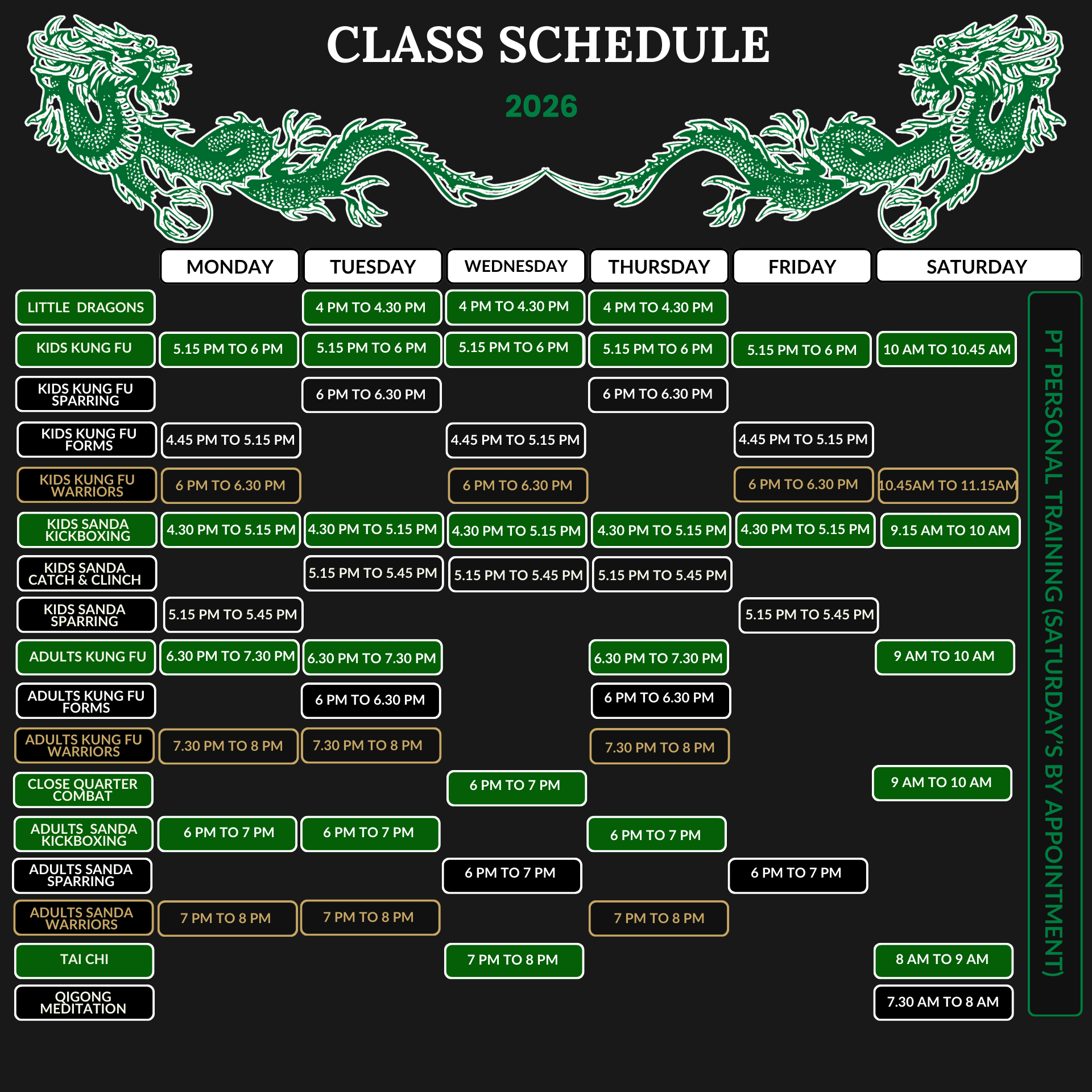 Class schedule for Kung Fu and Sanda in Penrith