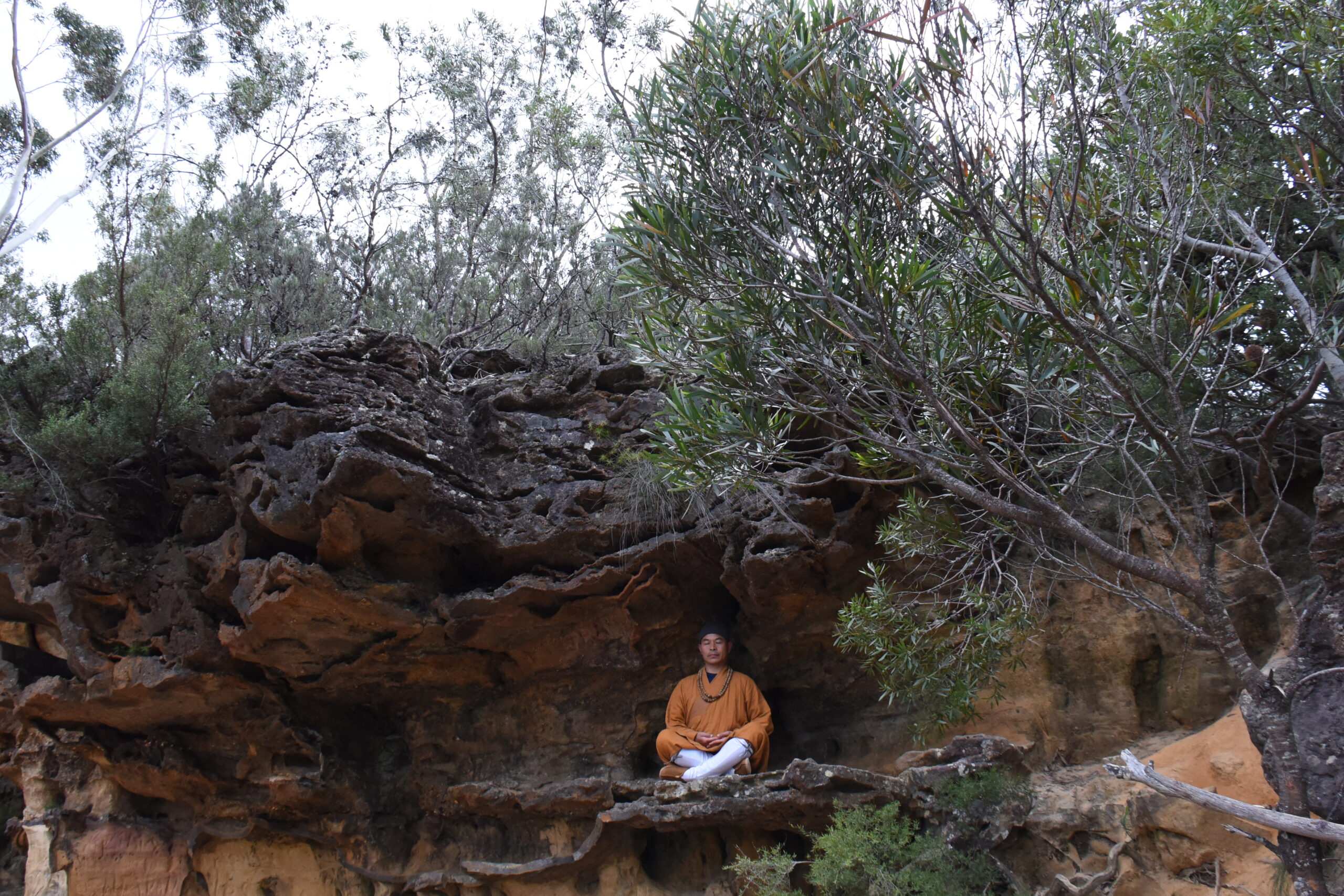 Shaolin Grandmaster Shi Deyang meditating in the Blue Mountains, Australia